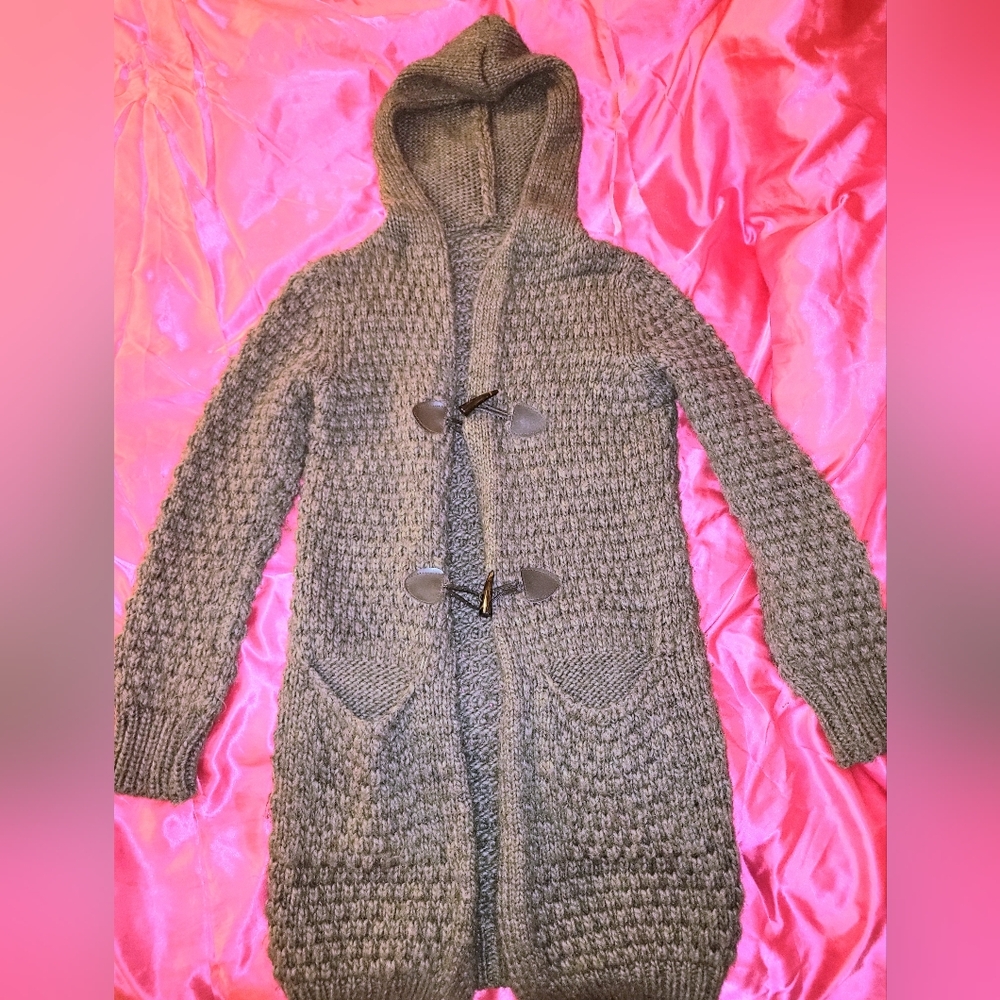 grey y2k vintage cozy knit full length hooded cardigan